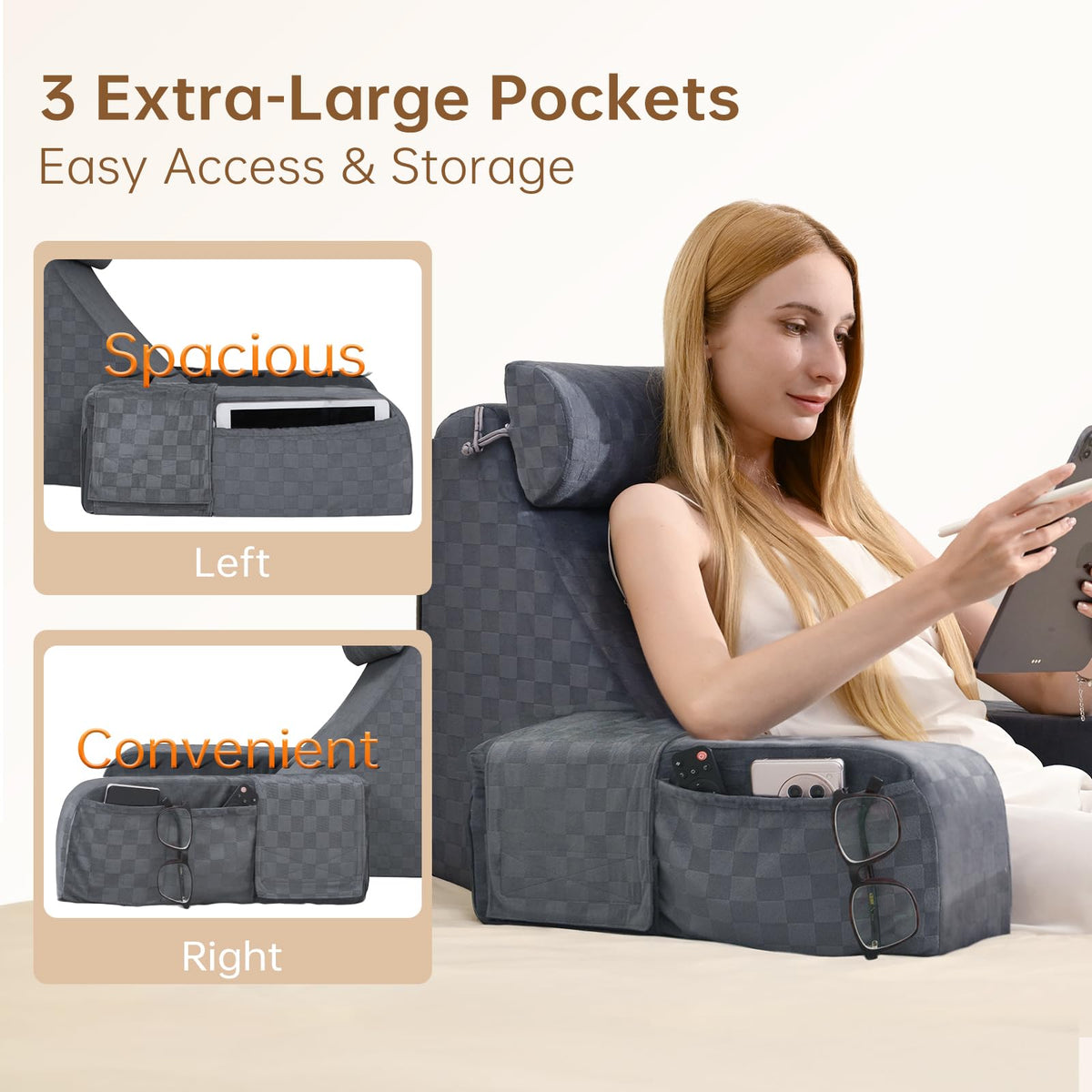 Vekkia Reading Pillow neck contour supports the head and neck during bed activities.