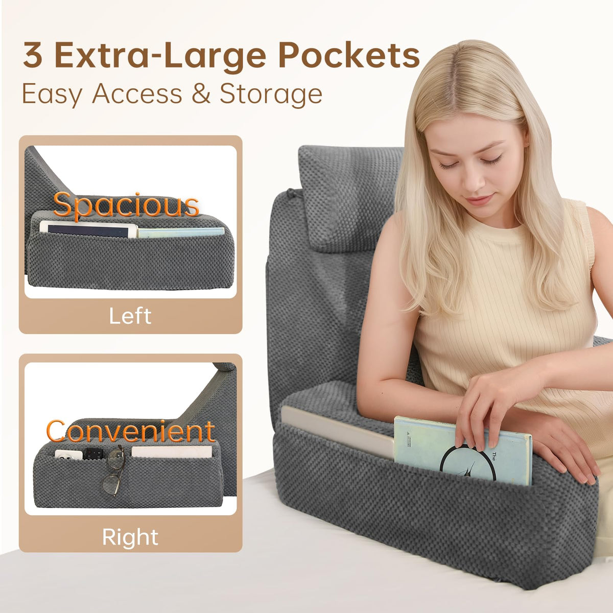 Vekkia reading pillow with large side pockets keeps essentials handy
