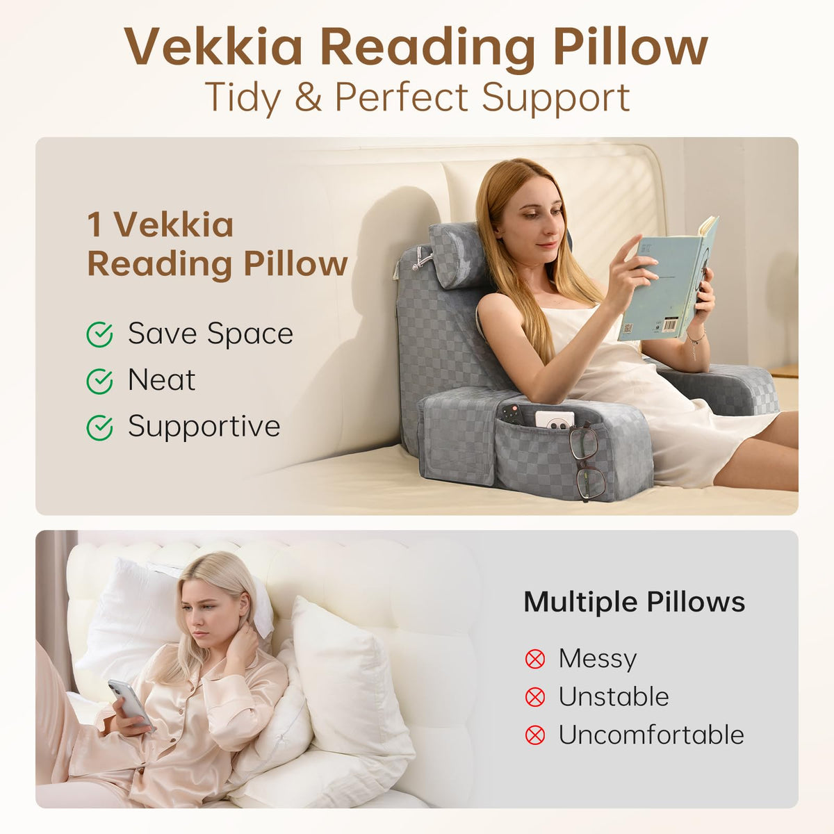 Vekkia reading pillow enables cozy viewing while watching TV or movies.