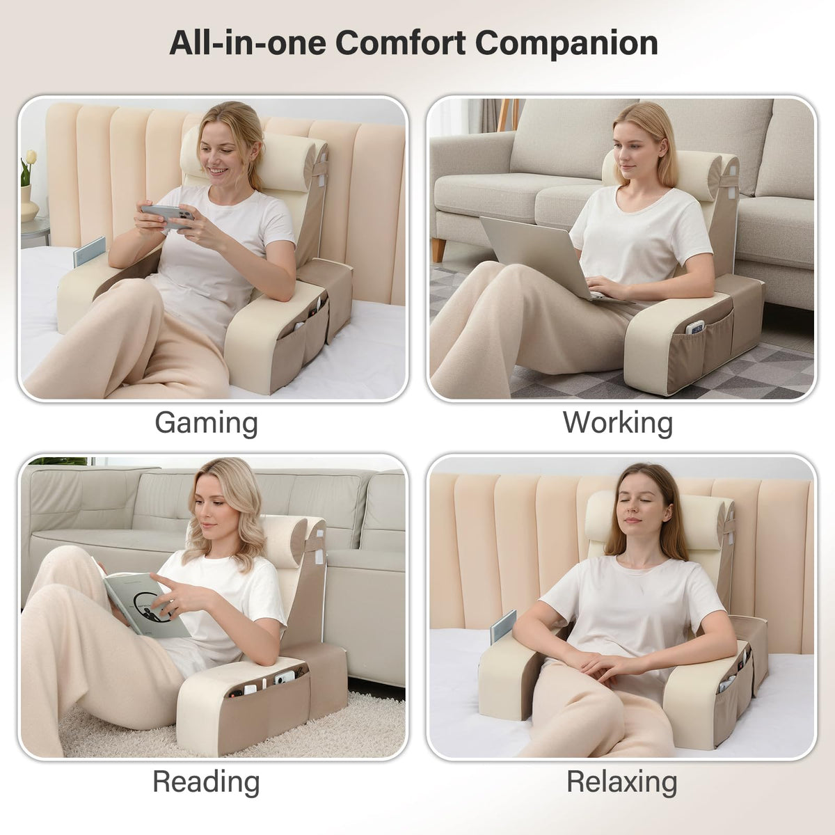 Vekkia reading pillow with XL side pockets to keep remotes and books within reach.