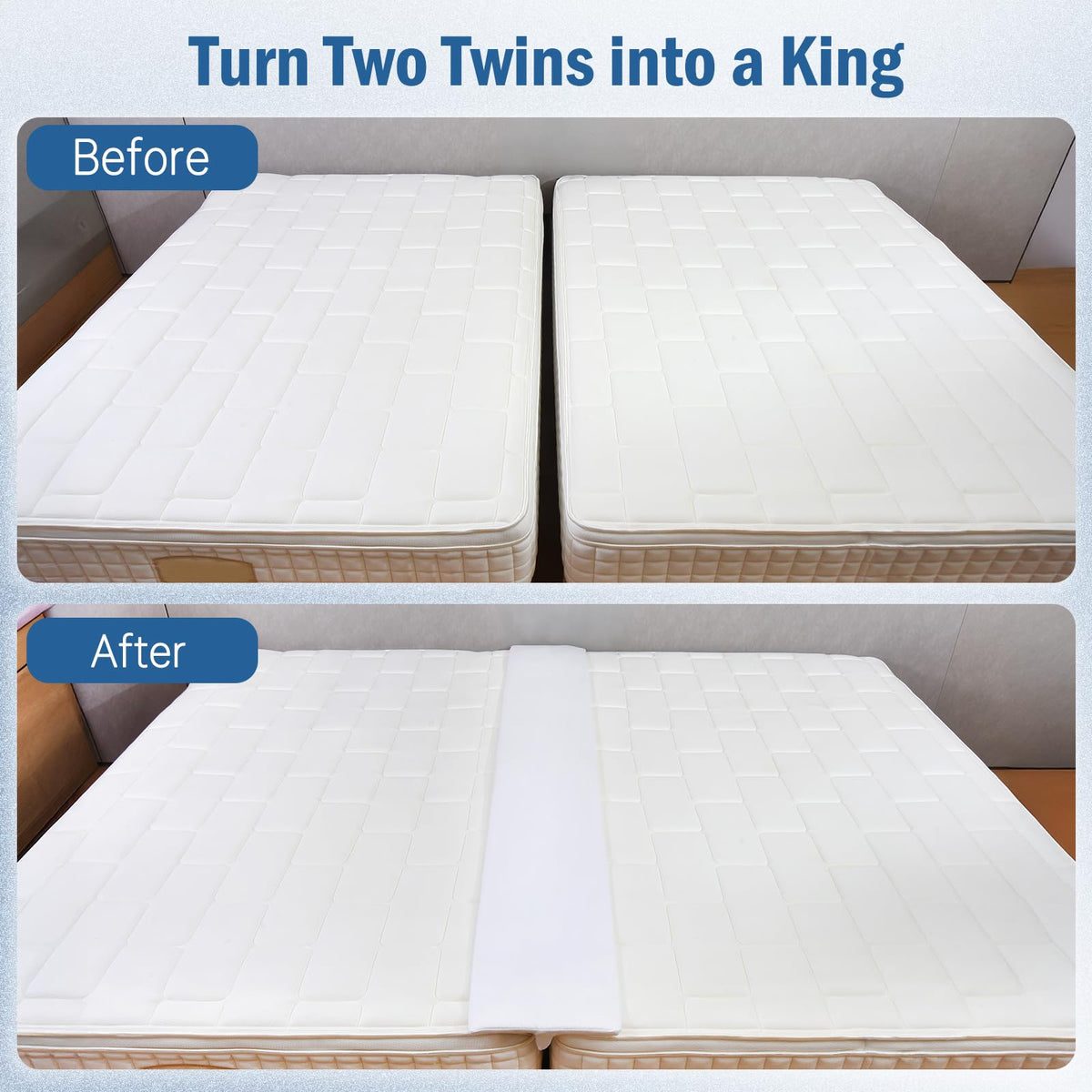Vekkia twin-to-king bed connector aligns two mattresses into a seamless surface.