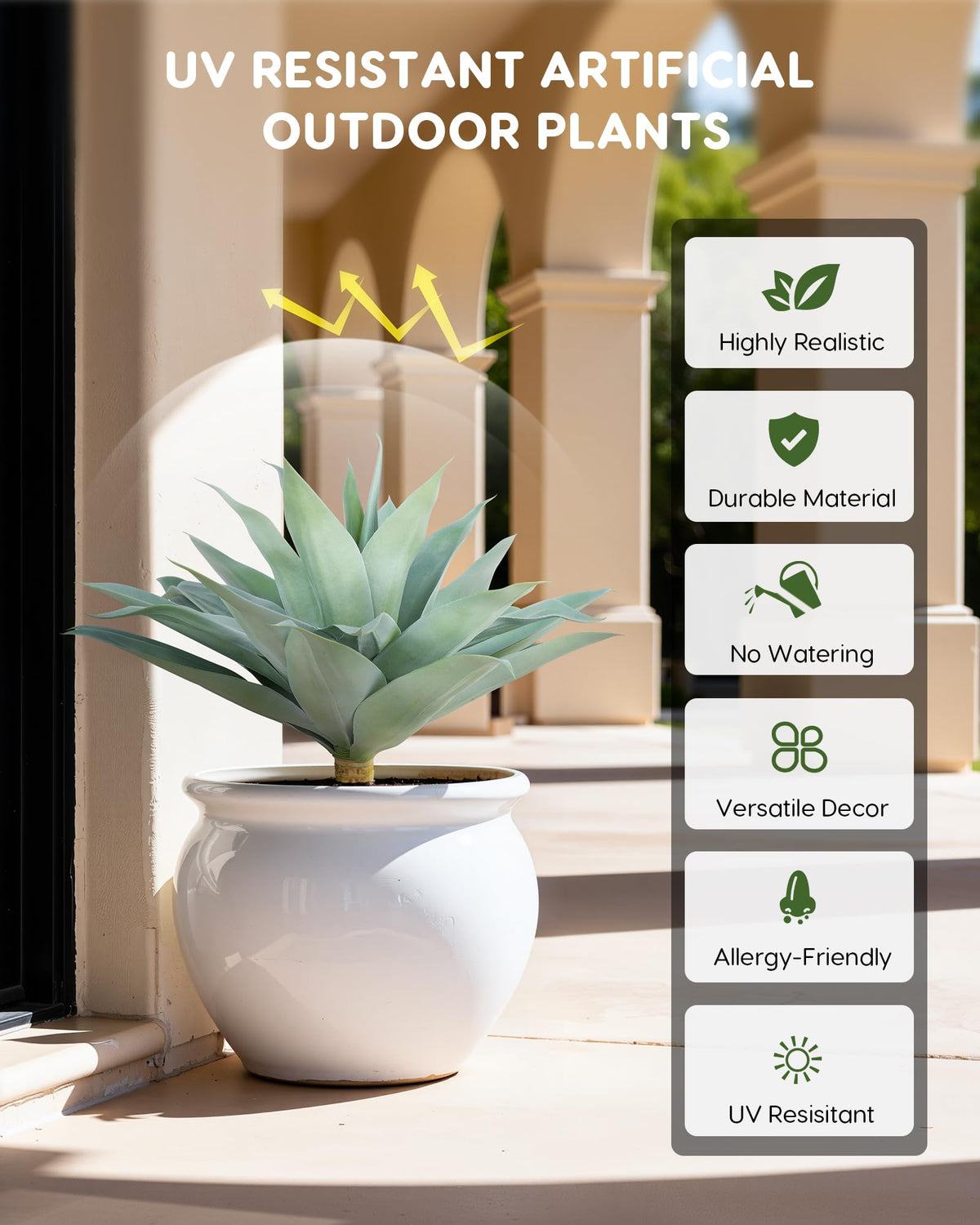 Velener UV-resistant agave closeup highlights durable, low-maintenance design.