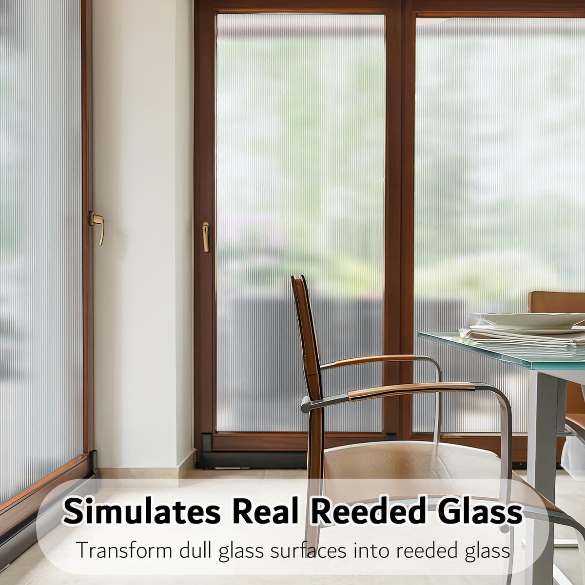 VELIMAX Reeded Glass Privacy Film installation shown on a glass panel for easy repositioning