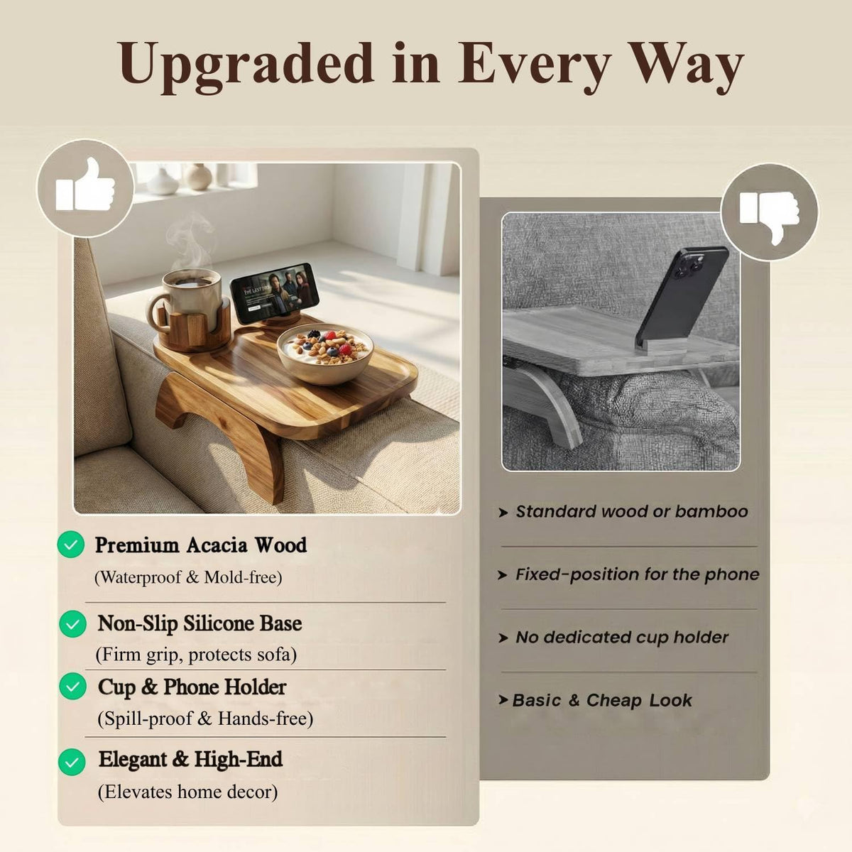 Vellabliss armrest table with 360 degree rotating phone stand for hands-free viewing.