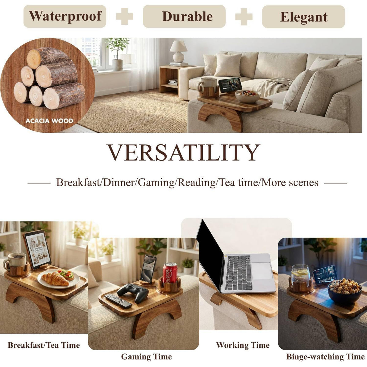 Vellabliss armrest table clip-on design fits most couches securely.