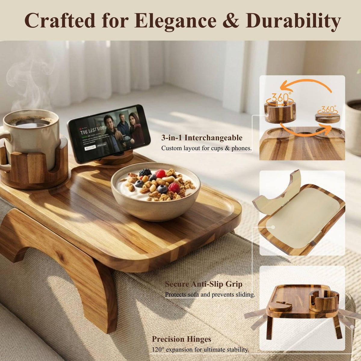 Vellabliss armrest table folding legs adjust to different arm widths.