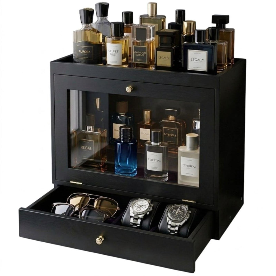 Vellabliss Cologne Organizer with dustproof door protects fragrance collection