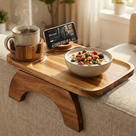 Vellabliss couch armrest table with acacia wood surface for snacks.
