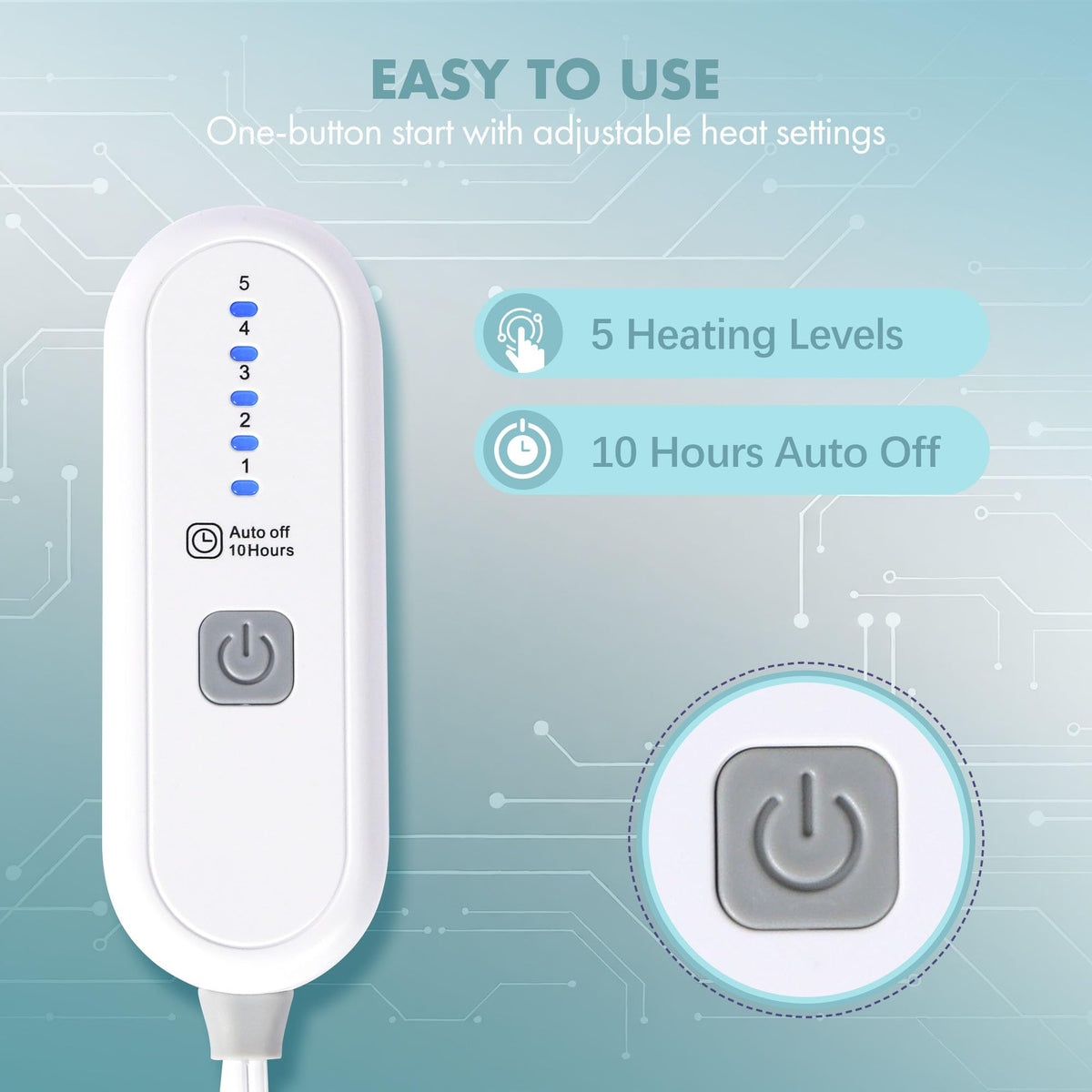 VELLUBAM electric blanket control panel shows adjustable heat levels