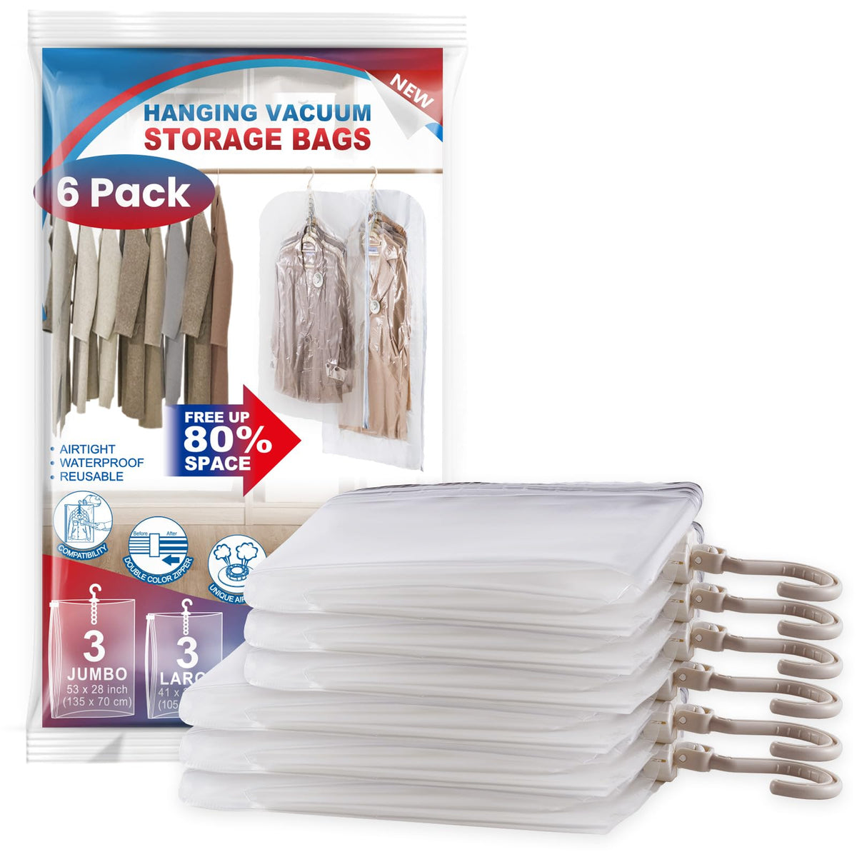 VELMADE hanging vacuum bag with five hanger rings for organized garments