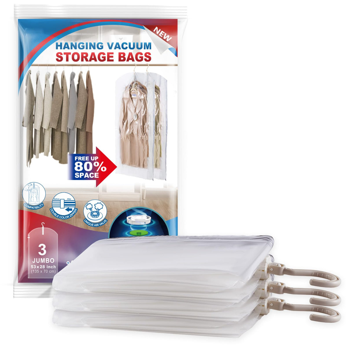 VELMADE hanging vacuum bags in closet save space and organize clothing efficiently.