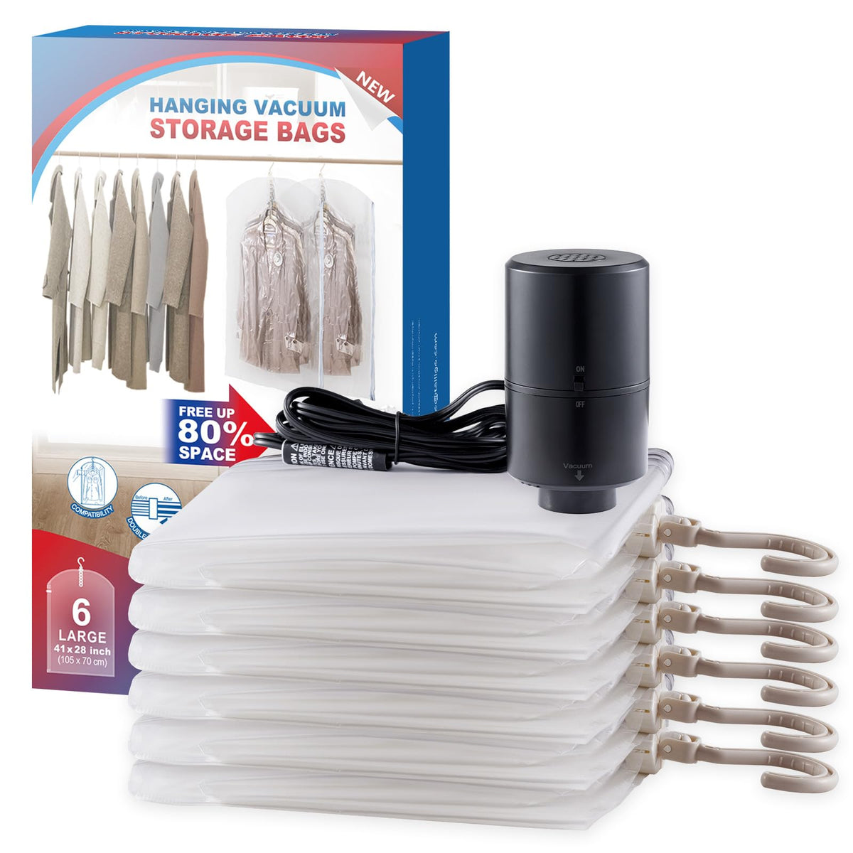 VELMADE hanging vacuum storage bags on a sturdy hanger showing space-saving closet setup