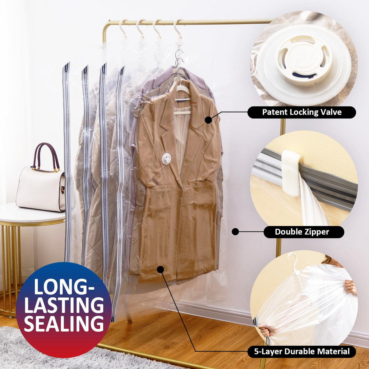 VELMADE multi-functional vacuum bag hanger in action saves closet space and keeps garments accessible.