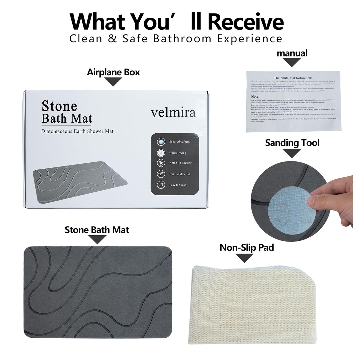 Velmira Stone Bath Mat measures 23.6 by 15.4 inches for ample coverage.