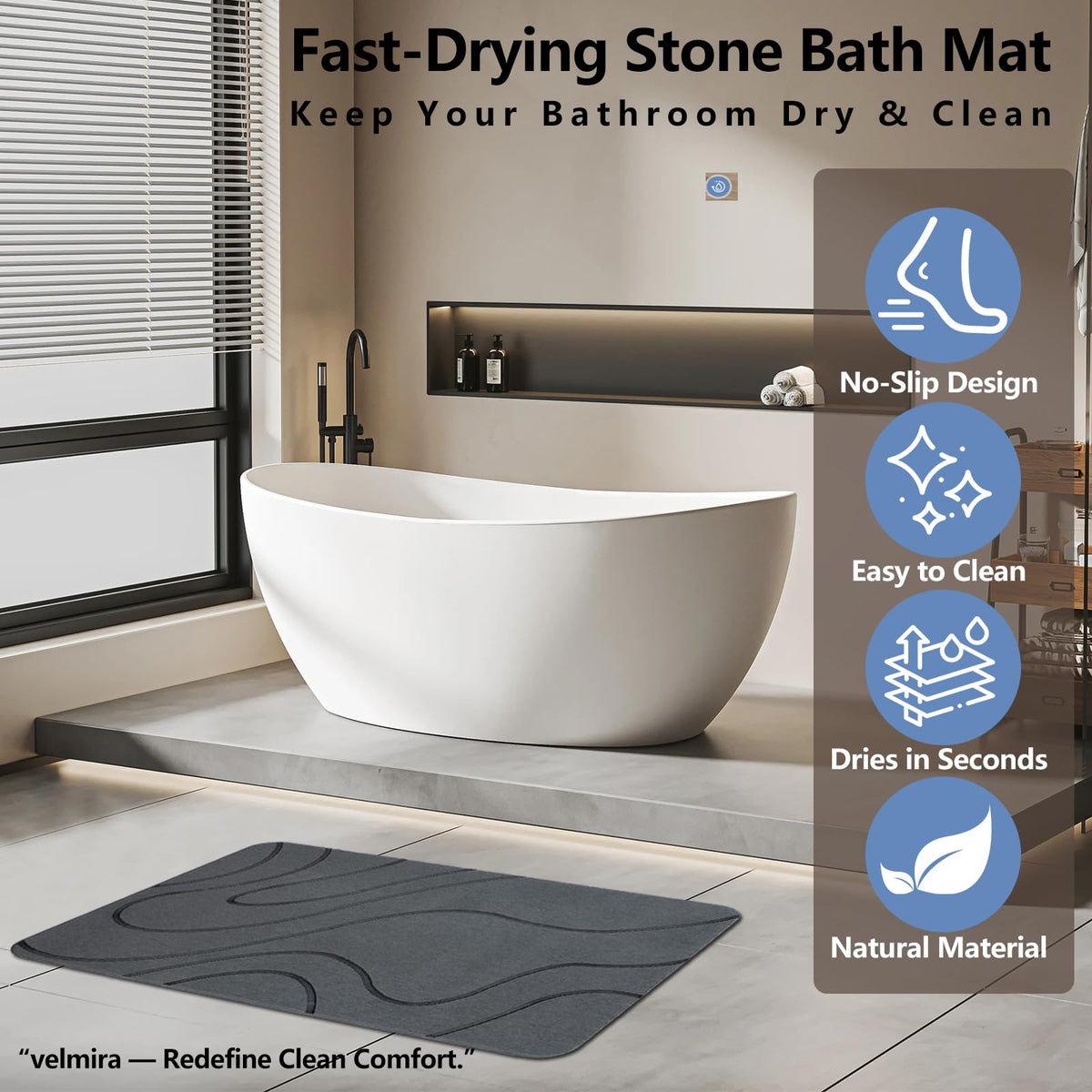 Velmira Stone Bath Mat is durable and easy to refresh for daily use.