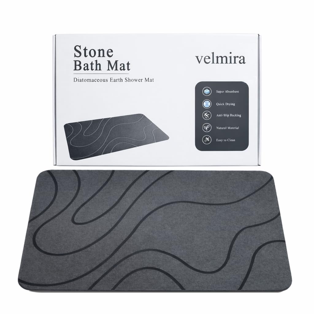 Velmira Stone Bath Mat with porous surface for quick drying after showers.