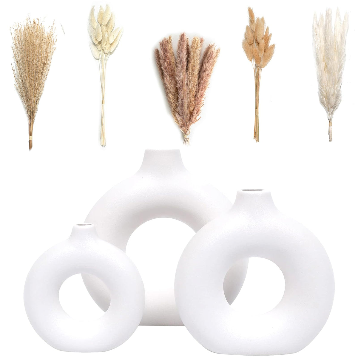 VELOVA set of 3 white ceramic vases for chic living room decor and shelf styling