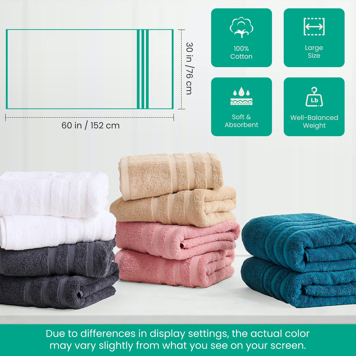Velqora large towels provide generous drying coverage after showers.