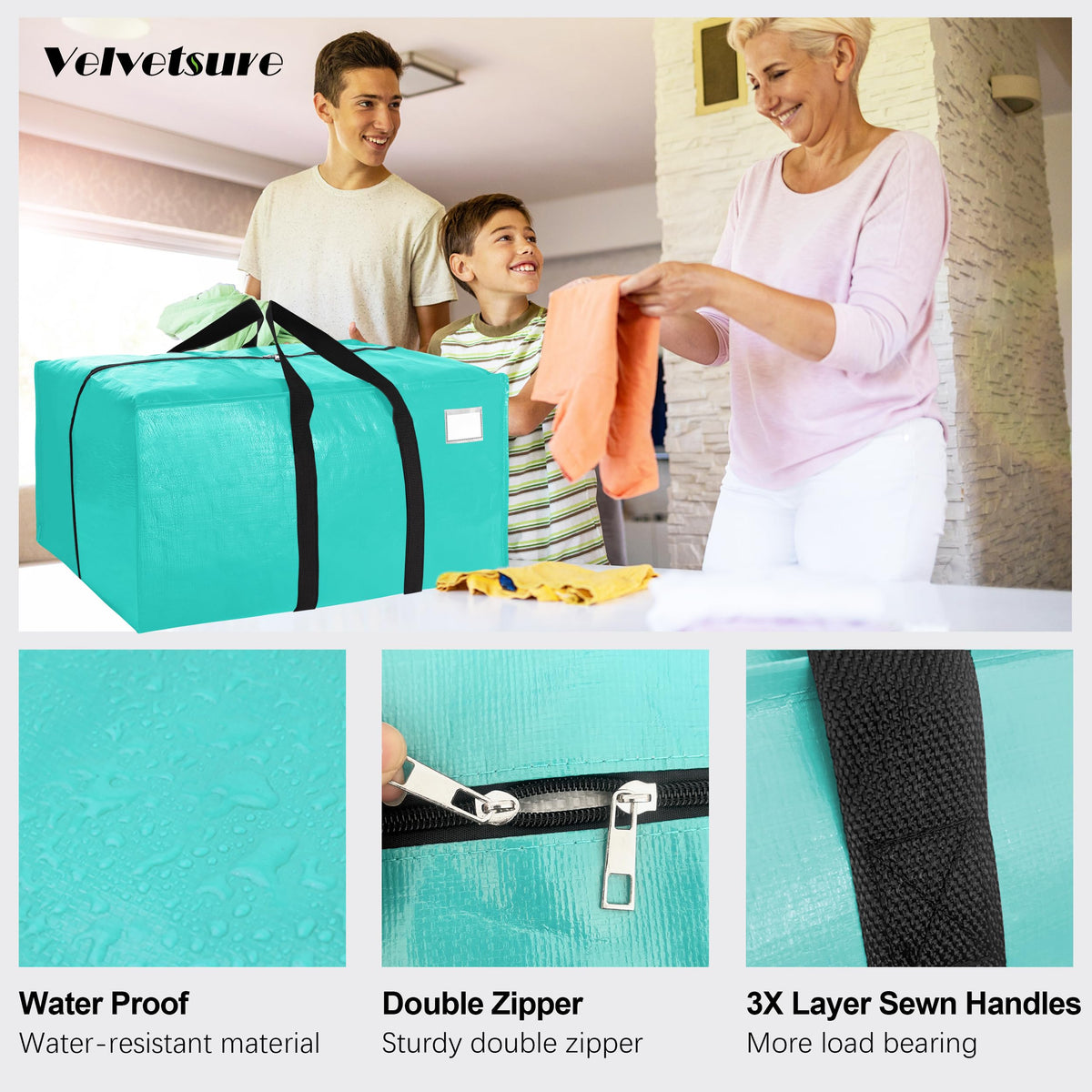 VELVETSURE aquamarine moving bags showing 86L capacity for bulky items.