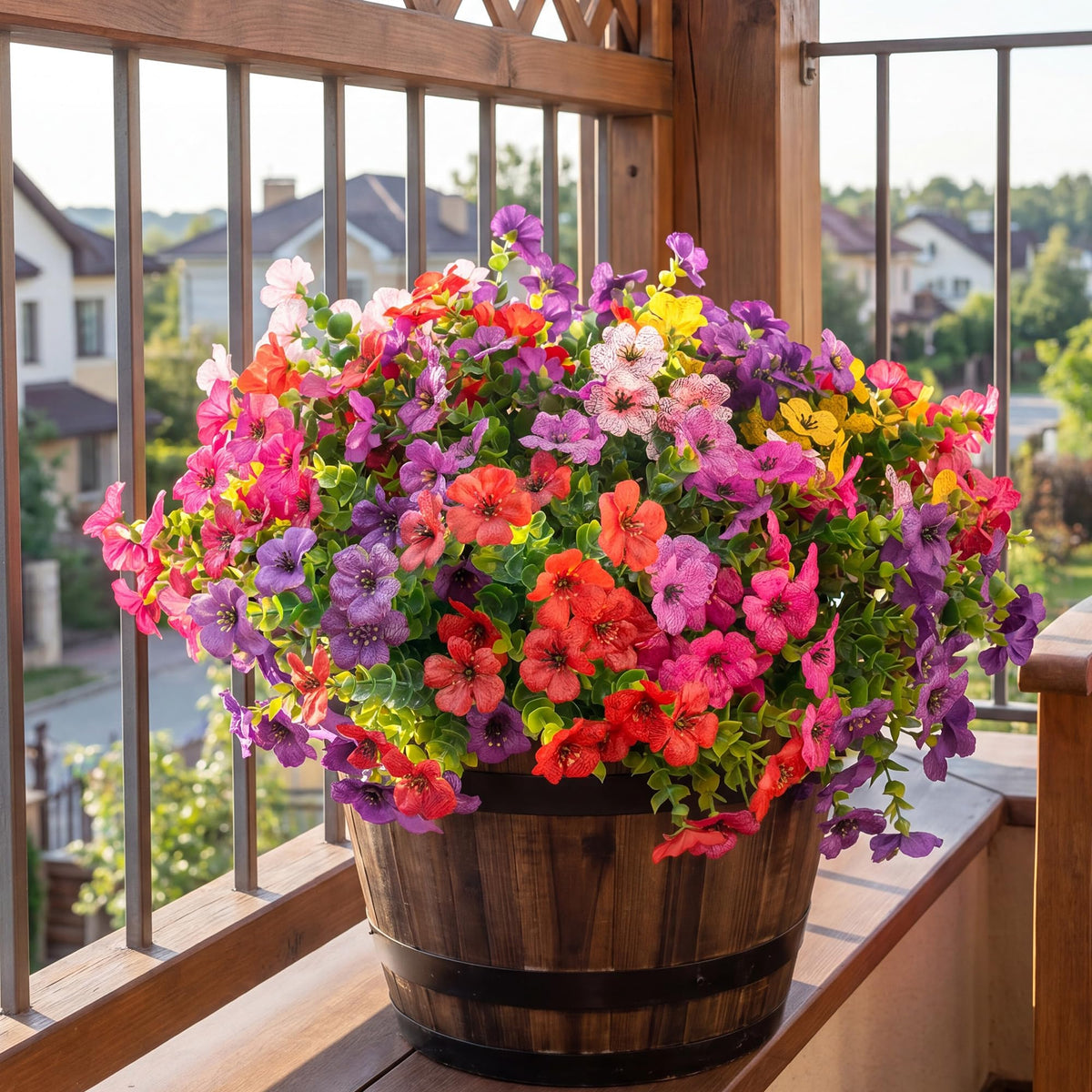 Vemander faux boxwood details enhance window boxes and container displays.