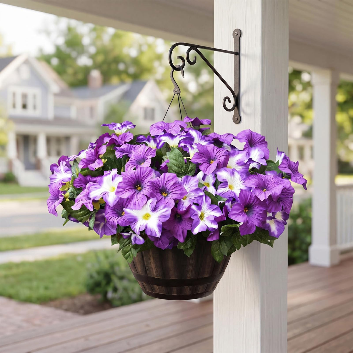 Vemander petunia flowers brighten balconies and porches without maintenance.