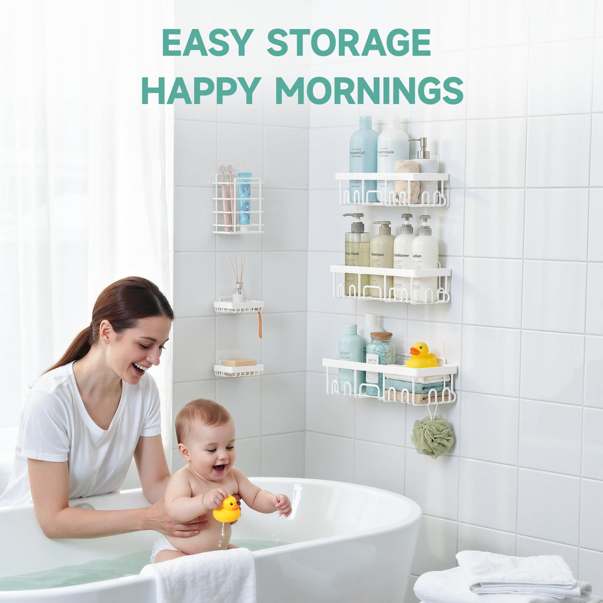 Veken medium shower caddy providing tidy bottle and accessory organization.