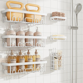 Veken six-pack rustproof shower caddy with adhesive shelves for organized bathroom storage.