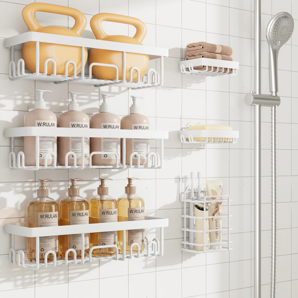 Veken six-pack rustproof shower caddy with adhesive shelves for organized bathroom storage.