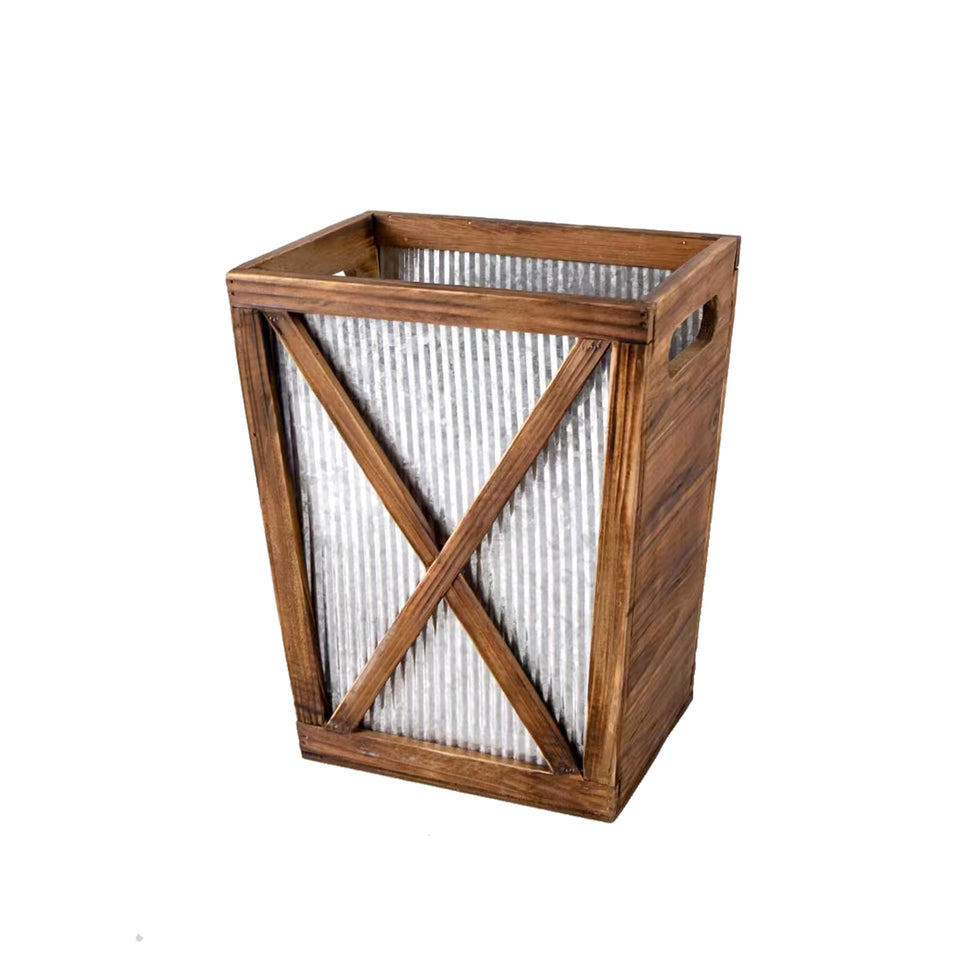 Venalys barn-door wood trash can side view, rustic charm and practical waste storage