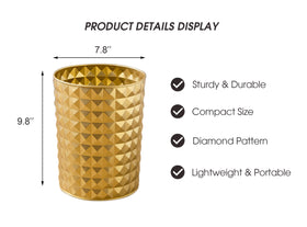 Venalys gold round trash can used as planter for artificial blooms.