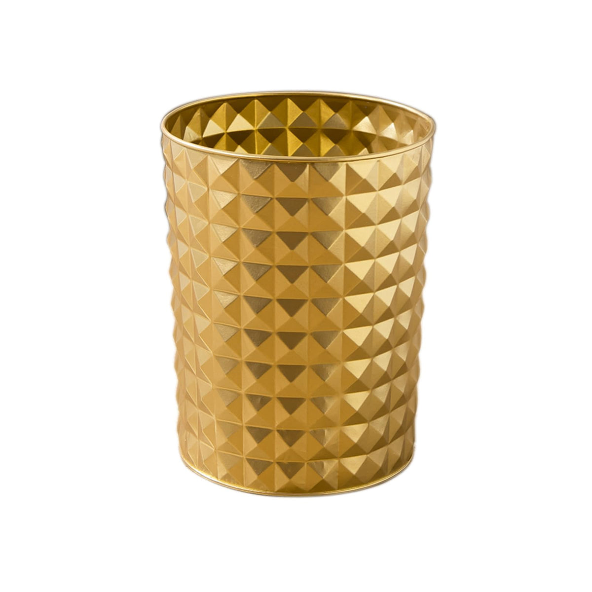 Venalys gold round trash can closeup shows the diamond pattern and polished finish.
