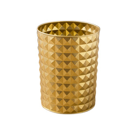 Venalys gold round trash can closeup shows the diamond pattern and polished finish.