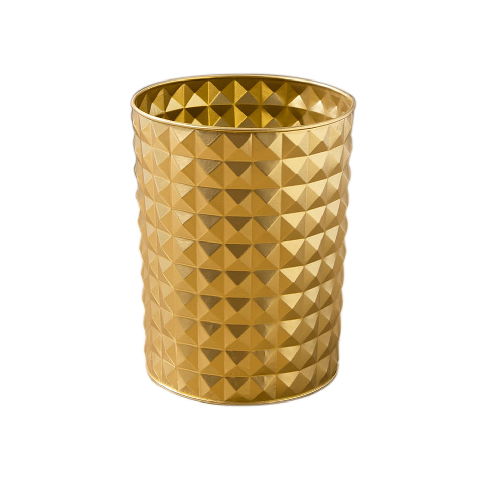 Venalys gold round trash can closeup shows the diamond pattern and polished finish.