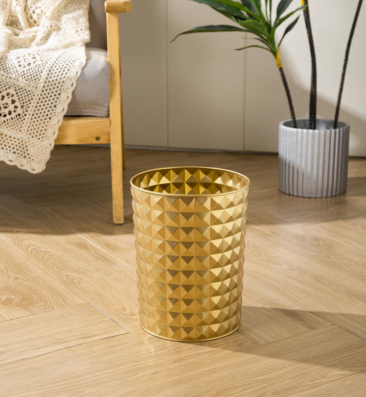 Venalys gold round trash can full view highlights its elegant farmhouse design.