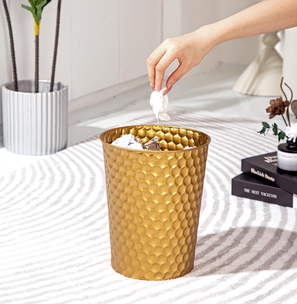 Venalys trash can side pattern demonstrates durable zinc construction for daily use.