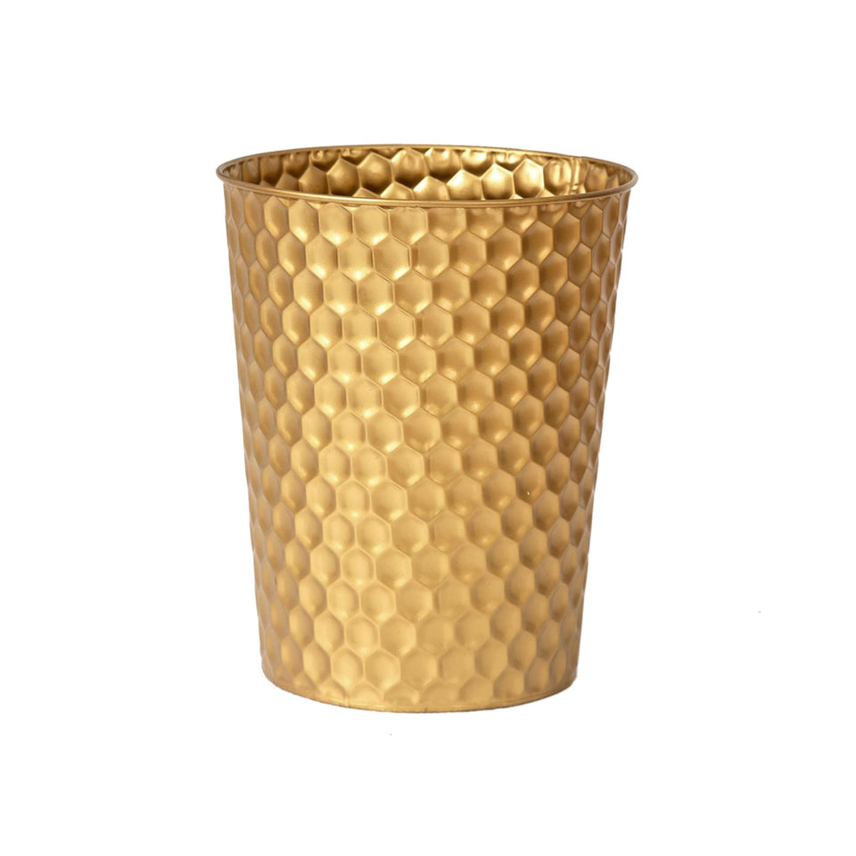 Venalys honeycomb trash can, top view highlights its gold finish for chic bathroom decor.