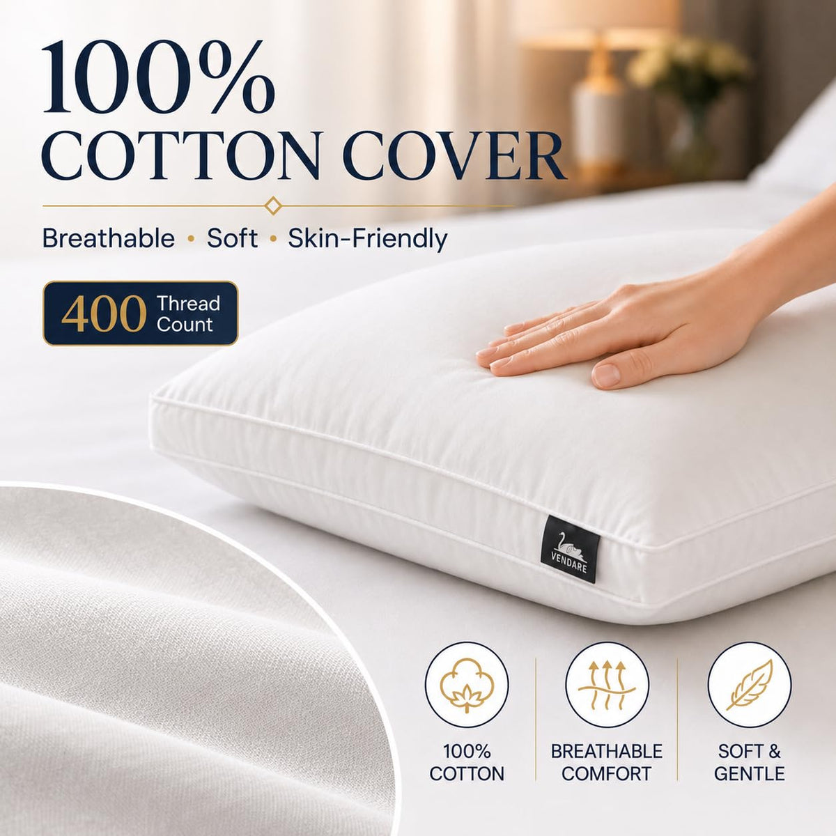 Vendare hypoallergenic cover on pillow for a clean sleep environment.