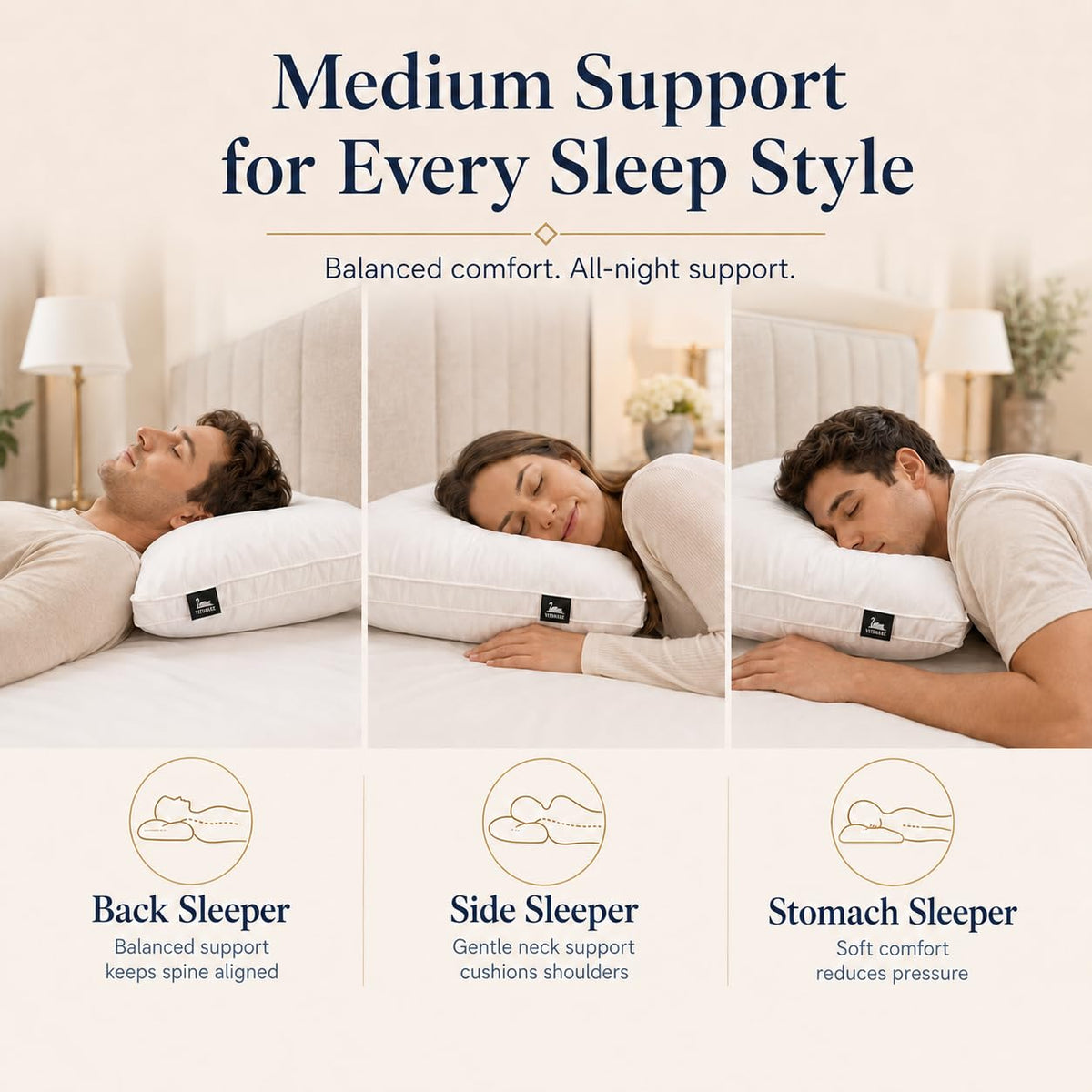 Vendare machine-washable hotel-grade pillows for easy refresh.