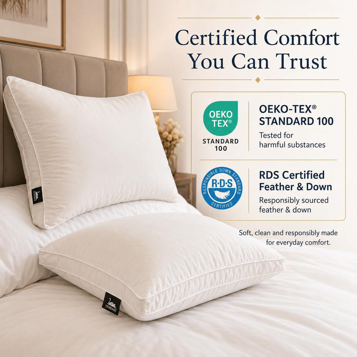 Vendare pillows side-by-side on bed illustrating medium support.