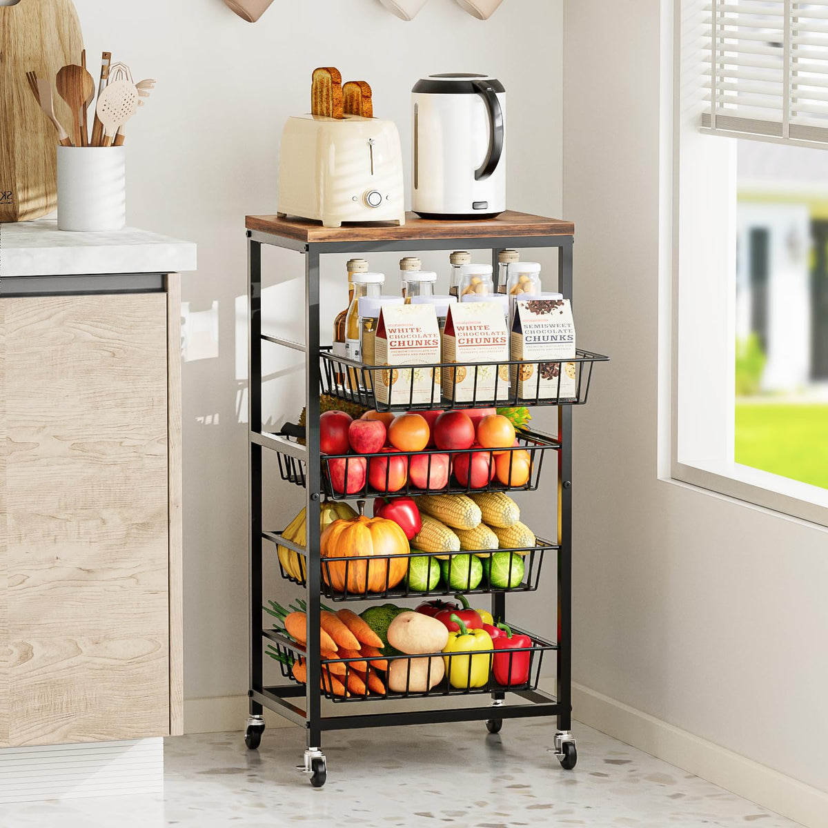 Venkuber rolling cart with four wheels moves smoothly between kitchen and pantry