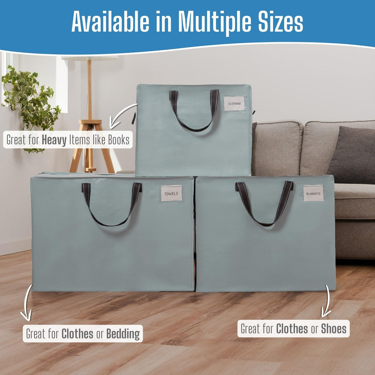 VENO storage totes stack neatly in a closet for organized seasonal gear
