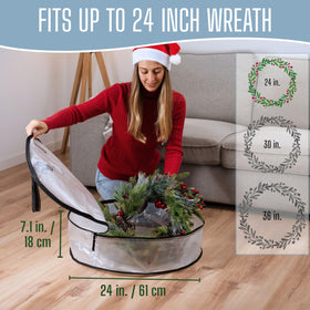 VENO wreath storage bag clear side view shows durable, space-saving design