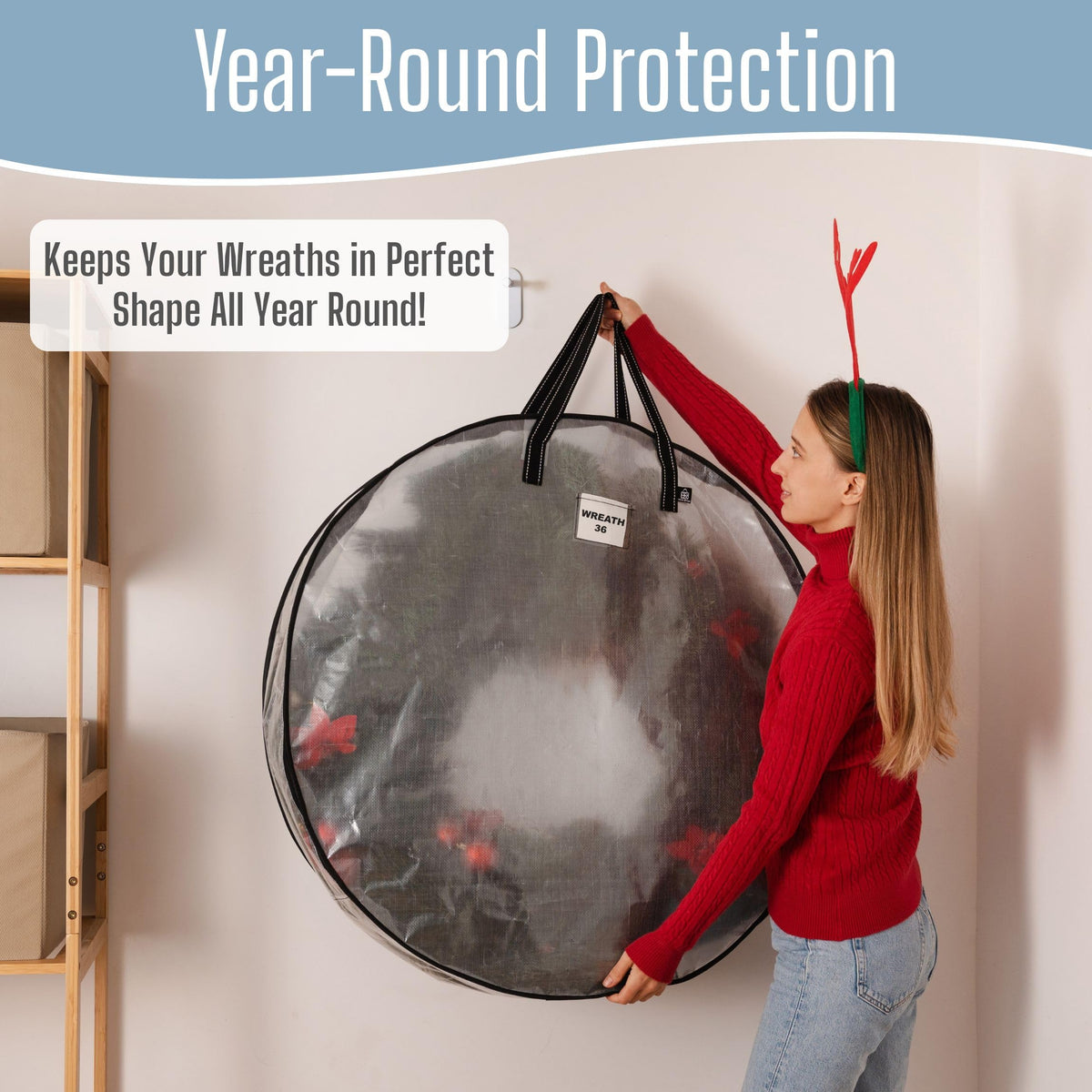 VENO wreath storage bag with wall-hanging handles for space saving