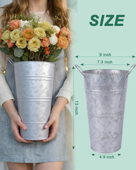 Vensovo 12-inch galvanized vase side with handles supports easy placement at events.