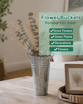 Vensovo flower bucket close-up highlights dual handles and metal finish.