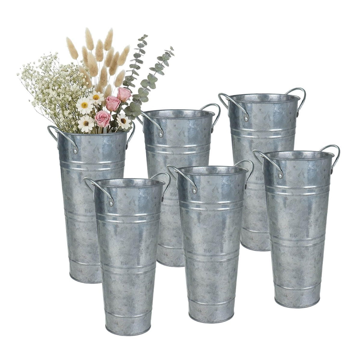 Vensovo 9-inch tall galvanized flower bucket front view with sturdy handles for easy repositioning.