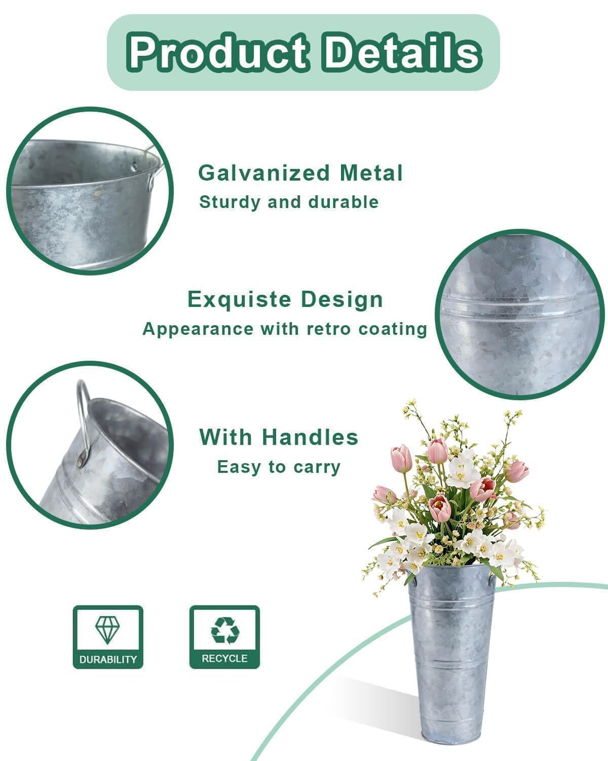 Vensovo 9-inch tall galvanized flower bucket on a wedding table for elegant decor.