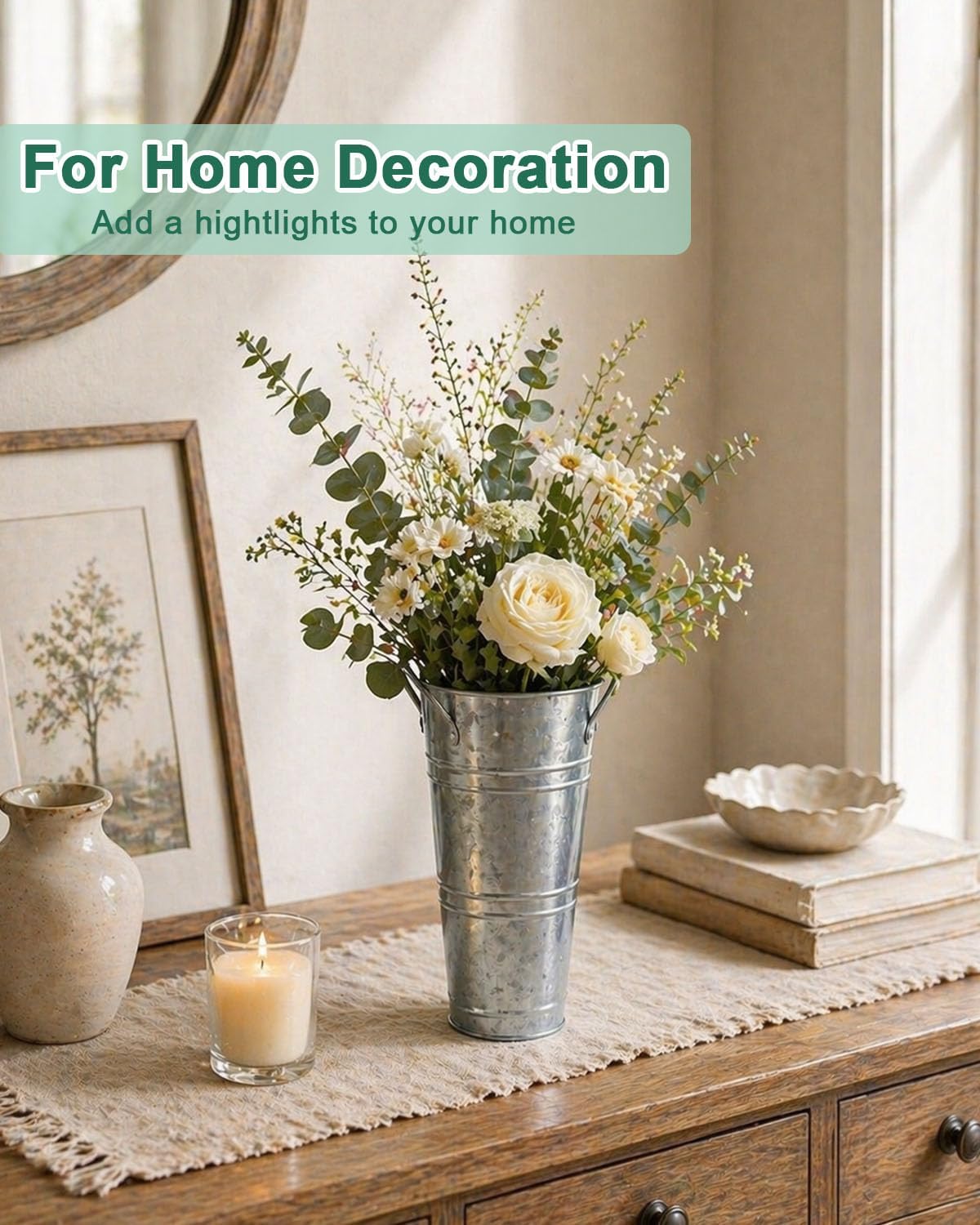 Vensovo dried flowers in galvanized buckets demonstrate versatile display options.