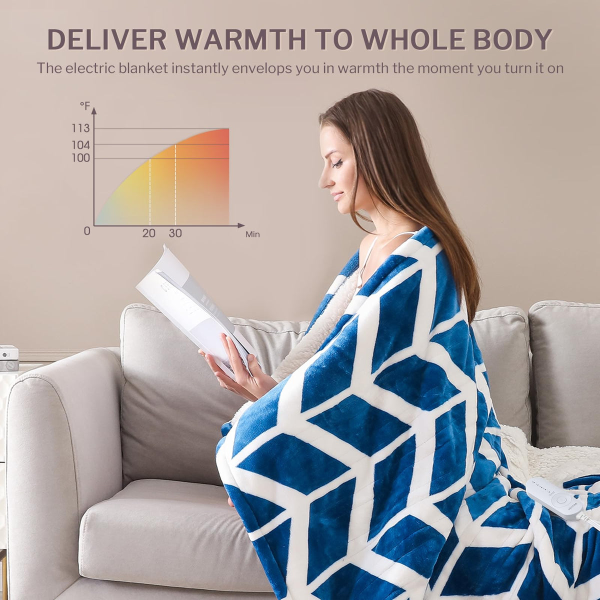Ventimi electric blanket Navy Auto Off feature provides worry-free use.