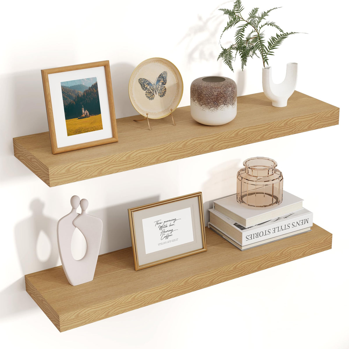 Venusmiles floating shelves with oak finish front view, stylish storage for living room